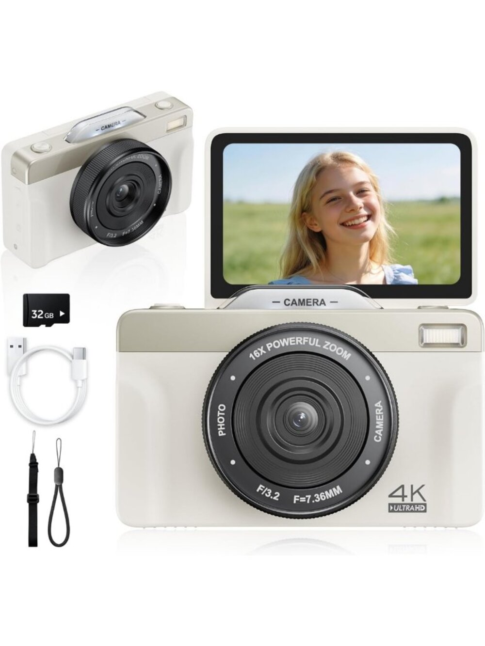 64MP 4K Digital Camera with 180° Flip Screen, Autofocus, WiFi, 16X Zoom & 32GB